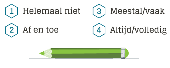 1 = Helemaal niet, 2 = Af en toe, 3 = Meestal/vaak, 4 = Altijd/volledig